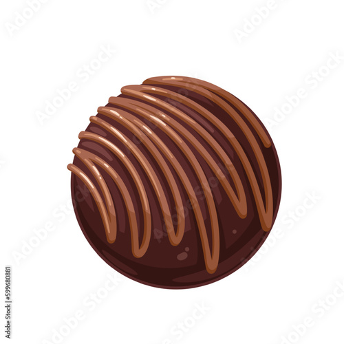 Chocolate bomb vector illustration. Cartoon isolated choco ball with spiral caramel, chocolate decoration and surprise marshmallow filling, cute sweet brown cocoa present for mug with hot drink