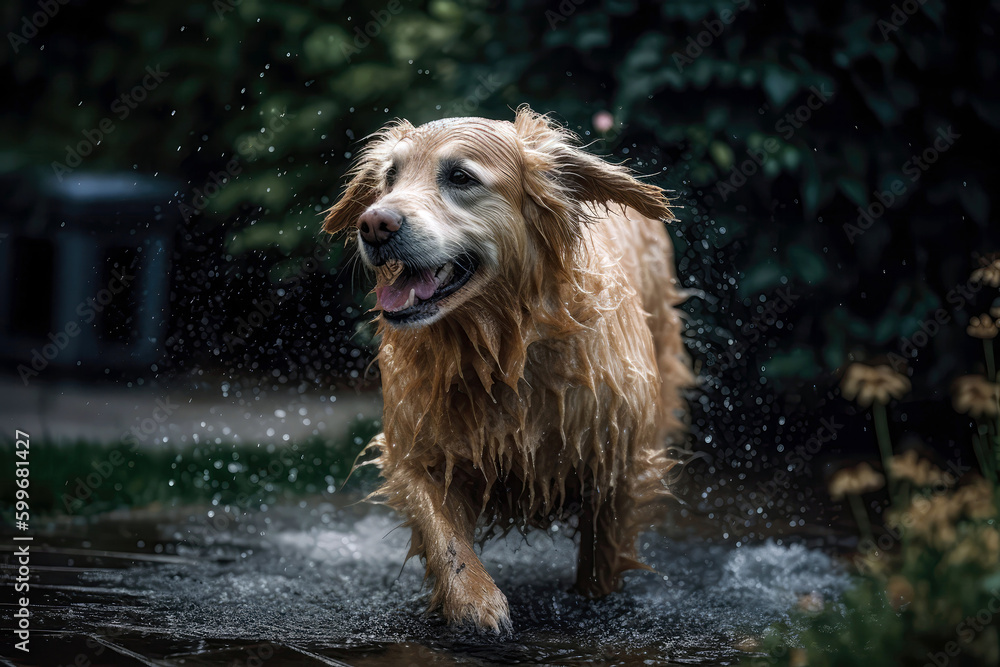 Wet And Happy Golden Retriever Shaking Off Water In Backyard. Generative AI