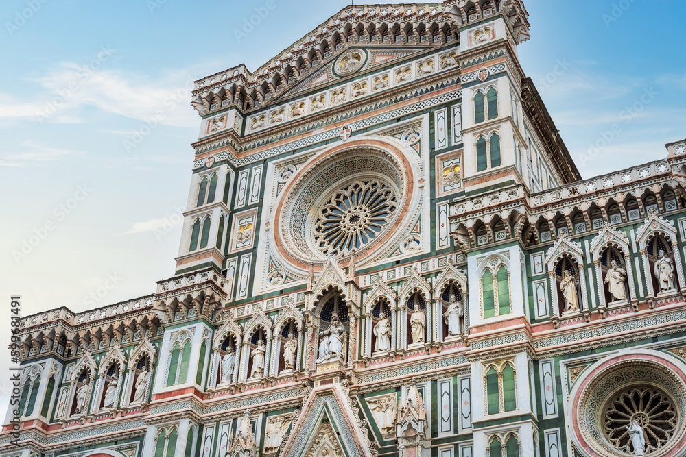 Florence, Italy - April 6, 2022: Details of the exterior of the Cattedrale di Santa Maria del Fiore (