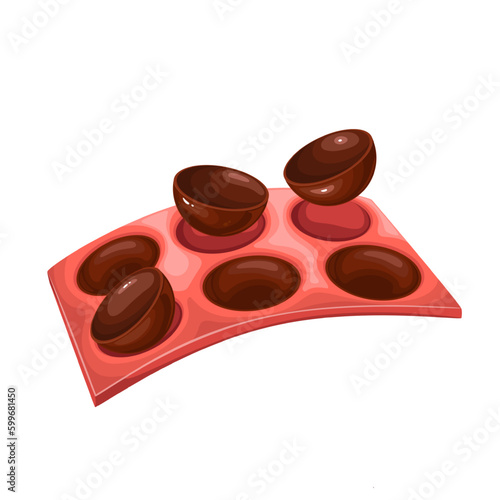 Chocolate balls in kitchen mold vector illustration. Cartoon isolated red silicon tray with cups of circle shape for making half of choco bomb, sweet chocolate cake with marshmallow for hot drink