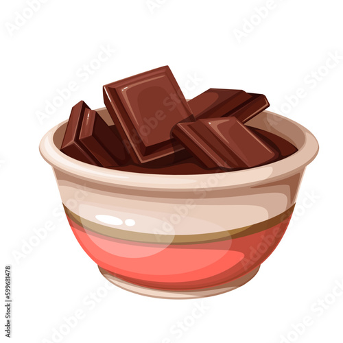 Bowl of melted chocolate vector illustration. Cartoon isolated round glass plate with cubes and pieces of broken brown chocolate bar melt, ingredient for cooking choco bombs and candy balls dessert