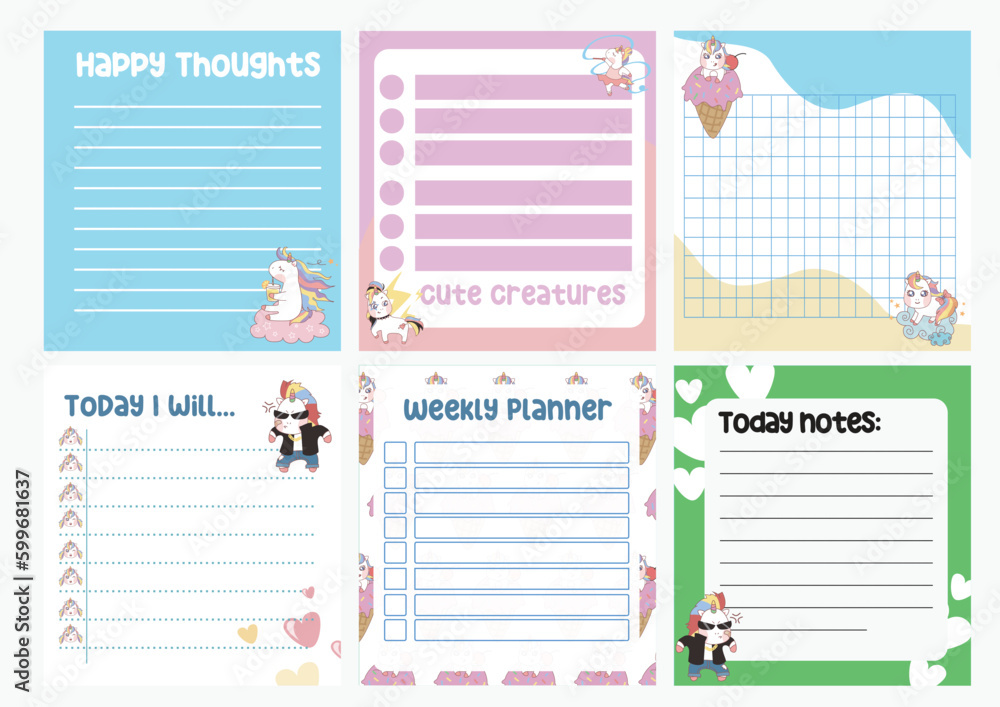Cute weekly planner background for kids with cute and kawaii unicorn ...