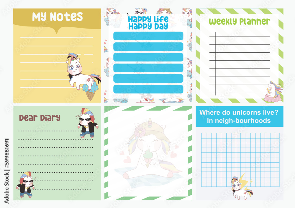 Cute weekly planner background for kids with cute and kawaii unicorn ...