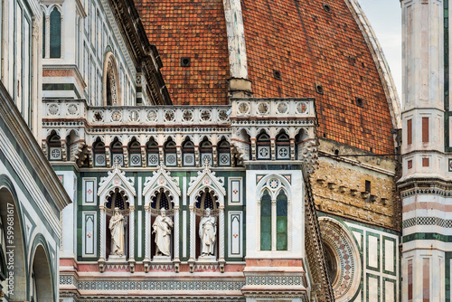 Florence, Italy - April 6, 2022: Details of the exterior of the Cattedrale di Santa Maria del Fiore (