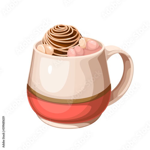 Mug with chocolate bomb, marshmallow and hot drink vector illustration. Cartoon isolated cute glass cup of winter or autumn warm beverage with candy, choco recipe for breakfast in cafe or home
