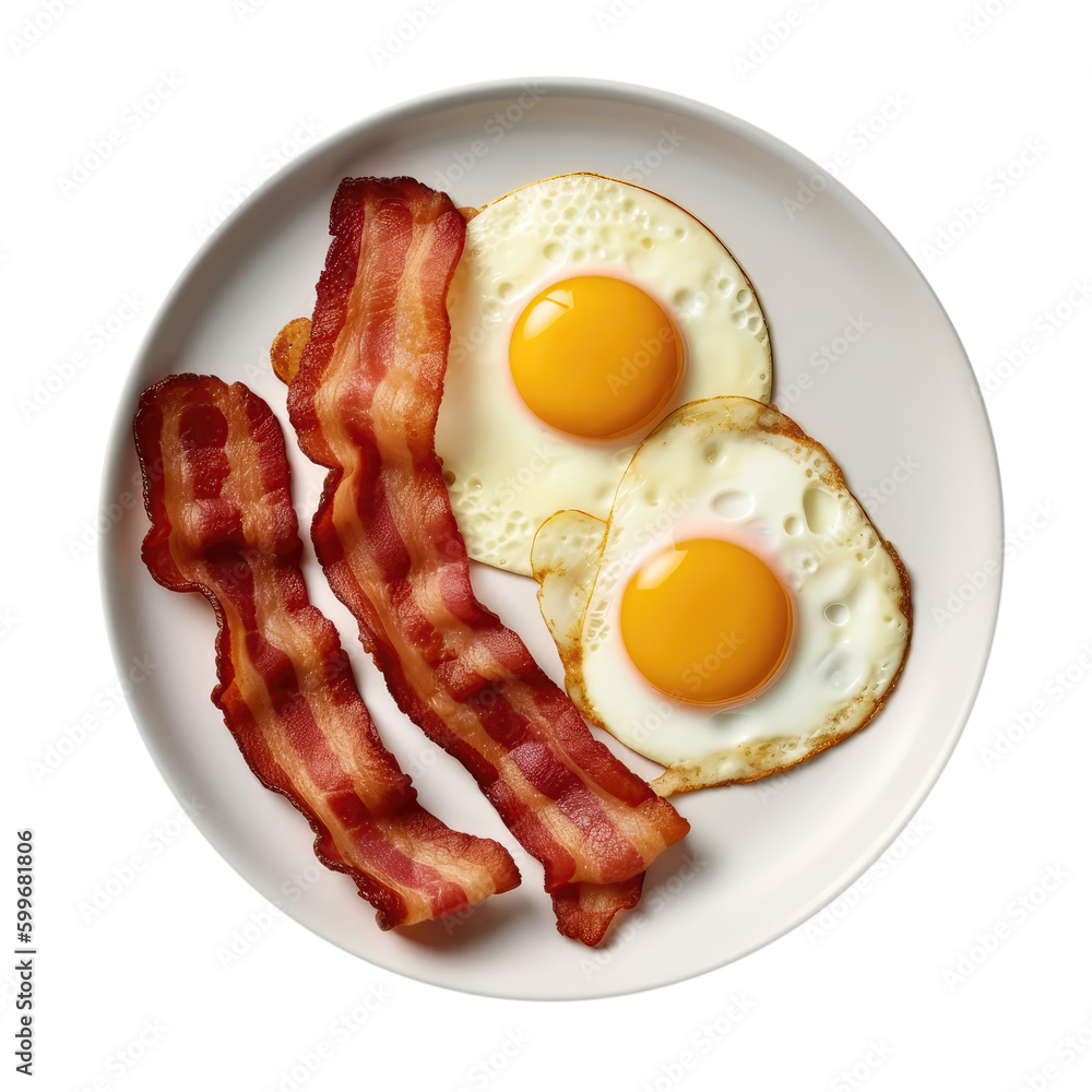 Bacon And Eggs On White Plate. Isolated On A Transparent Background