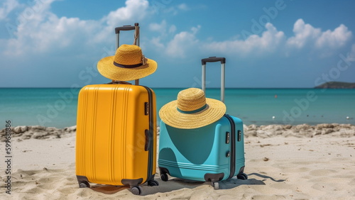 Turquoise suitcase and straw hat on sandy beach with Generative AI.