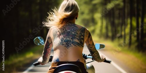 A female motorcyclist visible from behind, tattooed, takes the wheel on a road landscape. Ideal for bringing graphic projects to life or for capturing attention. Generative AI