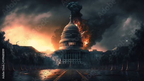 Photographie US Capitol Building on fire, The final days of the United States of America with Generative AI