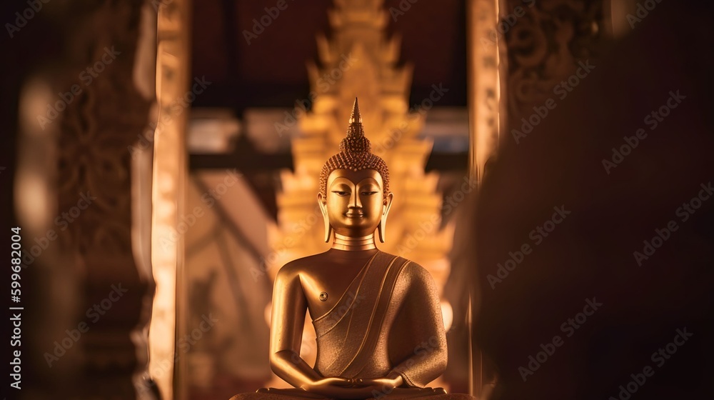 golden buddha statue in the temple, Generative AI