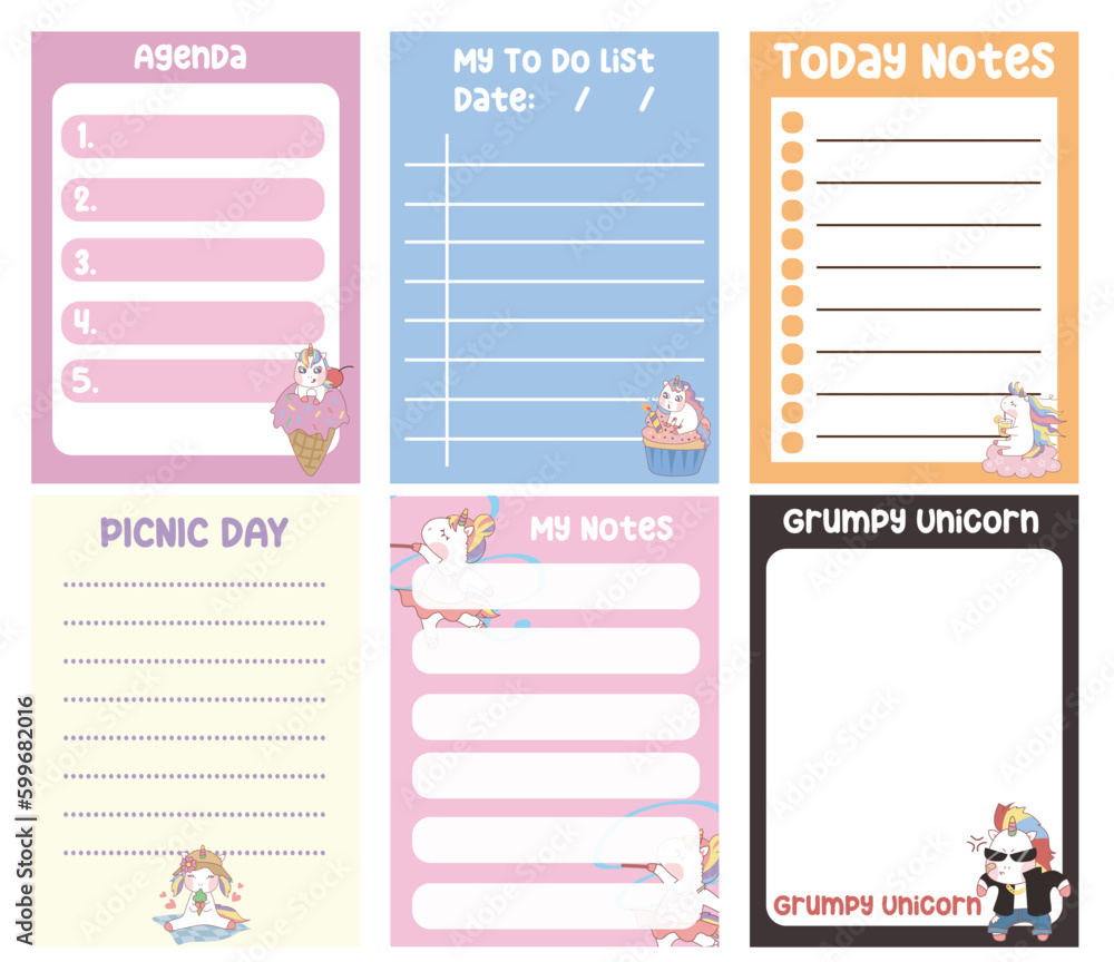 Cute weekly planner background for kids with cute and kawaii unicorn ...