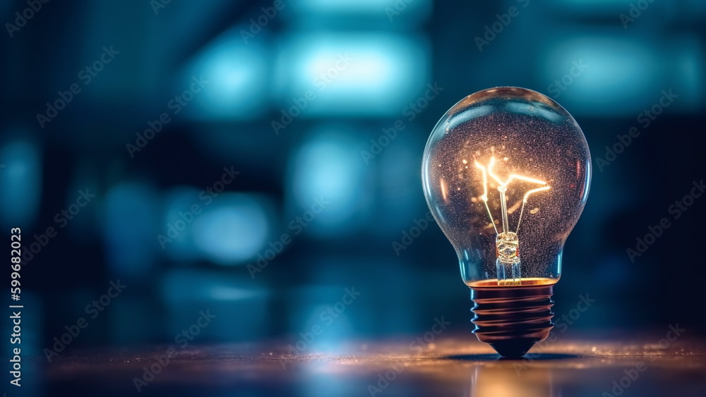 Lightbulb sparkling with electricity of a new idea on a blue bokeh background with Generative AI. Lightbulb sparkling with electricity of a new idea on a blue bokeh background with Generative AI.