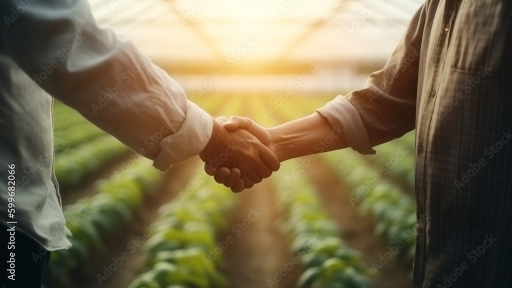 Handshake of business partners, Vegetable farmer and customer investor dealing for business trading with Generative AI. Handshake of business partners, Vegetable farmer and customer investor dealing for business trading with Generative AI.