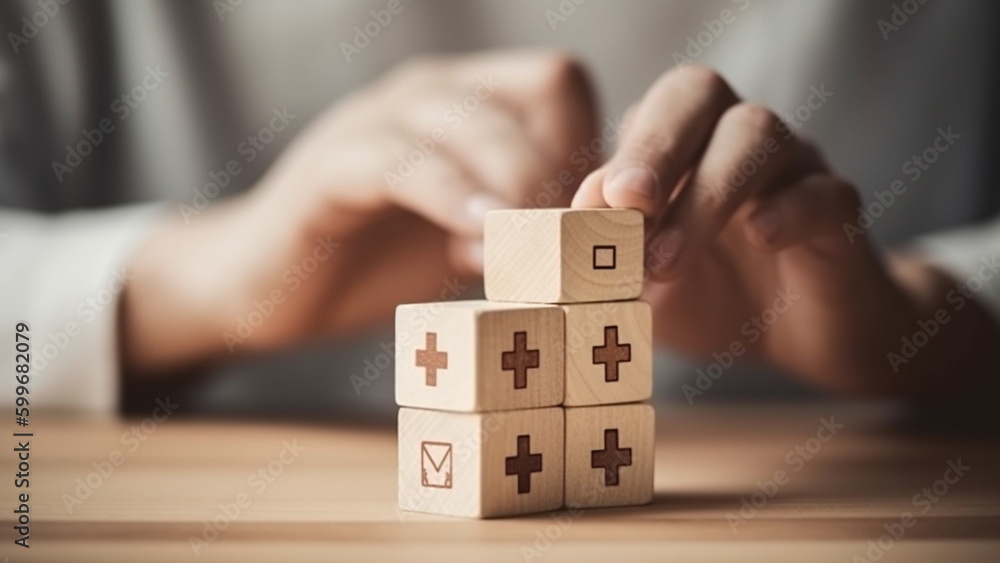 Hand arranging wood block with healthcare medical icon with Generative AI. Hand arranging wood block with healthcare medical icon with Generative AI.