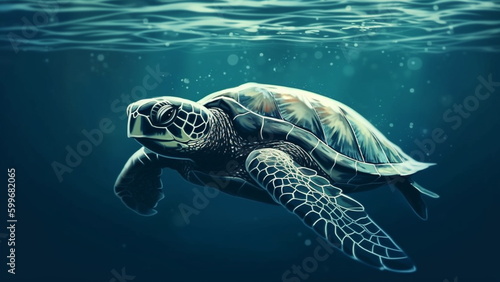 A sea turtle swimming in the sea with Generative AI. © Art.disini