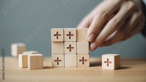 Hand arranging wood block with healthcare medical icon with Generative AI.	