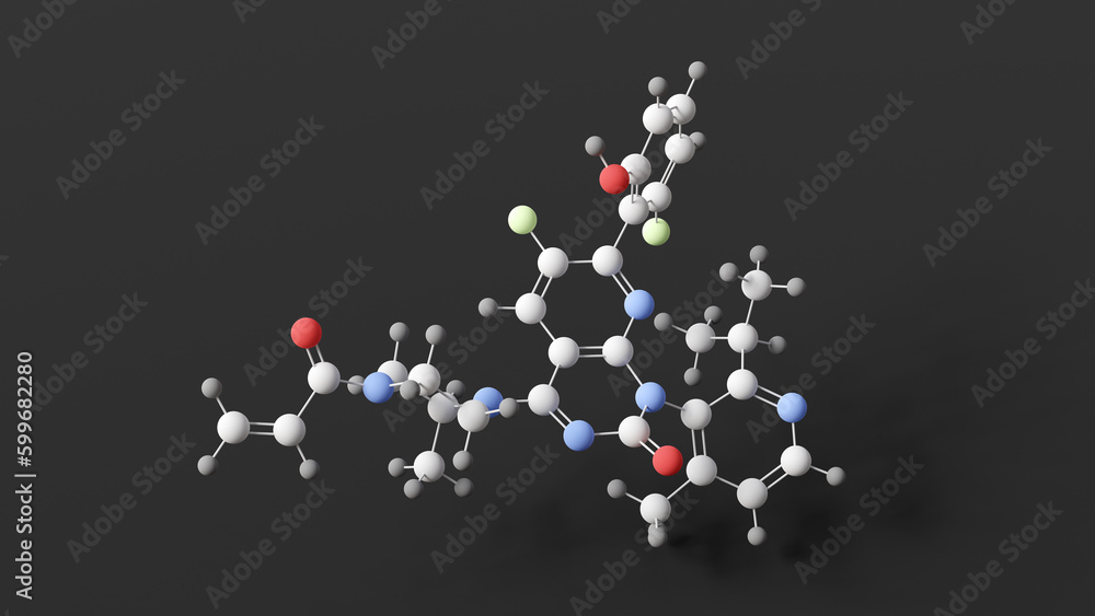 sotorasib molecule, molecular structure, anti-cancer medication, ball and stick 3d model, structural chemical formula with colored atoms - obrazy, fototapety, plakaty 
