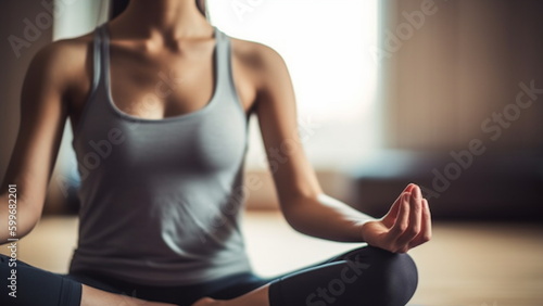 Yoga woman sitting in lotus asana. Half Lotus pose with mudra gesture, working out, indoor close up. Generative AI.