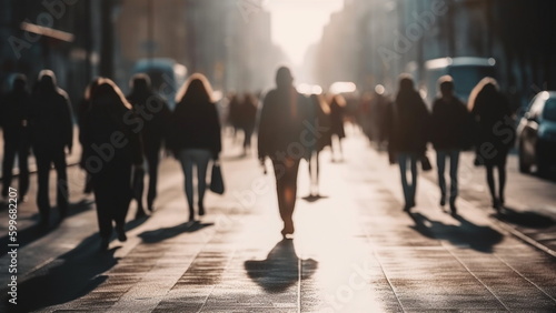 People walking in the street, panoramic view of people crossing the road with Generative AI.
