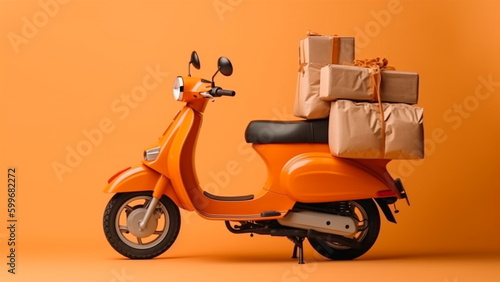 A delivery moped with a stack of parcels, fast food delivery with Generative AI.