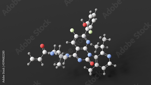 sotorasib molecule, molecular structure, anti-cancer medication, ball and stick 3d model, structural chemical formula with colored atoms photo