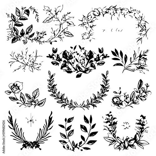 Hand drawn floral frames and divider with flowers leaves. Vector illustration decorative elements for label  wedding invitation greeting card  logos  branding business identity