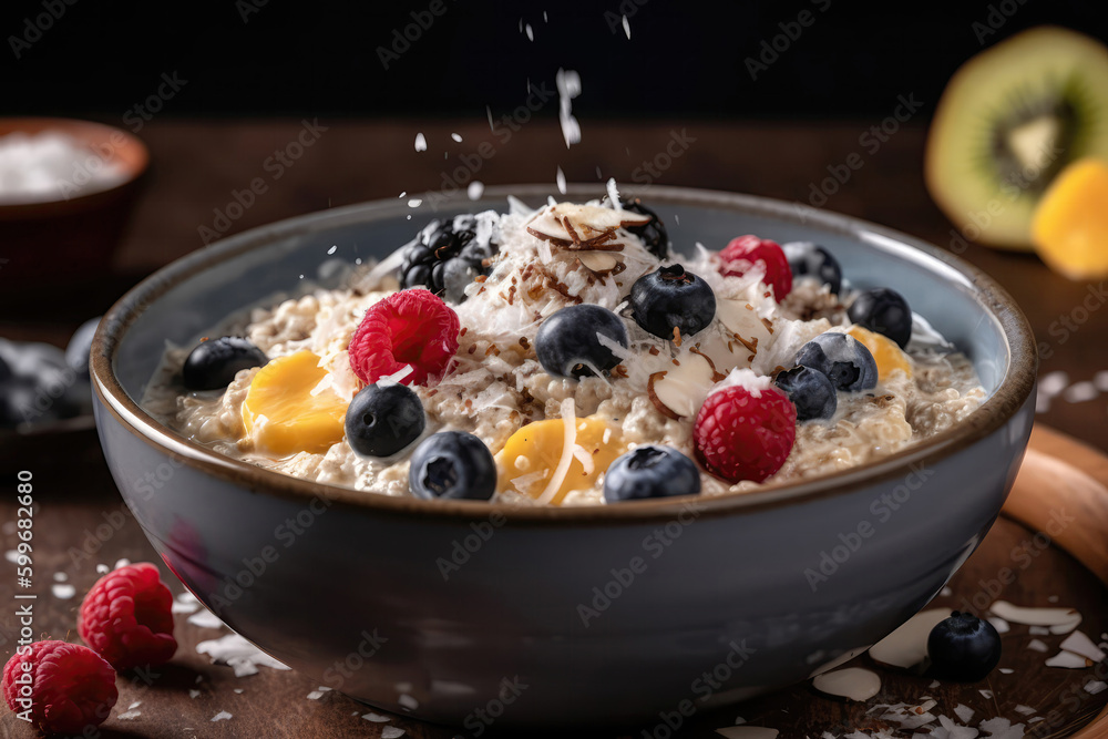Bowl Of The Cereal With Sprinkling Of Chia Seeds And Coconut Flakes. Generative AI