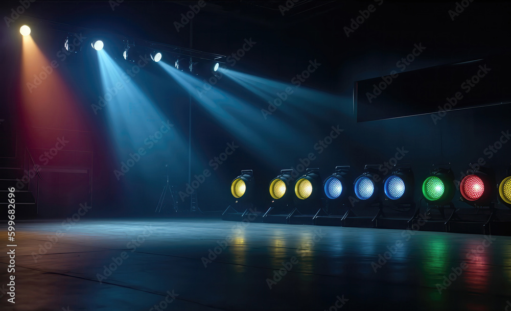 Set Of Colorful Stage Lights Illuminating An Empty Theater. Generative AI