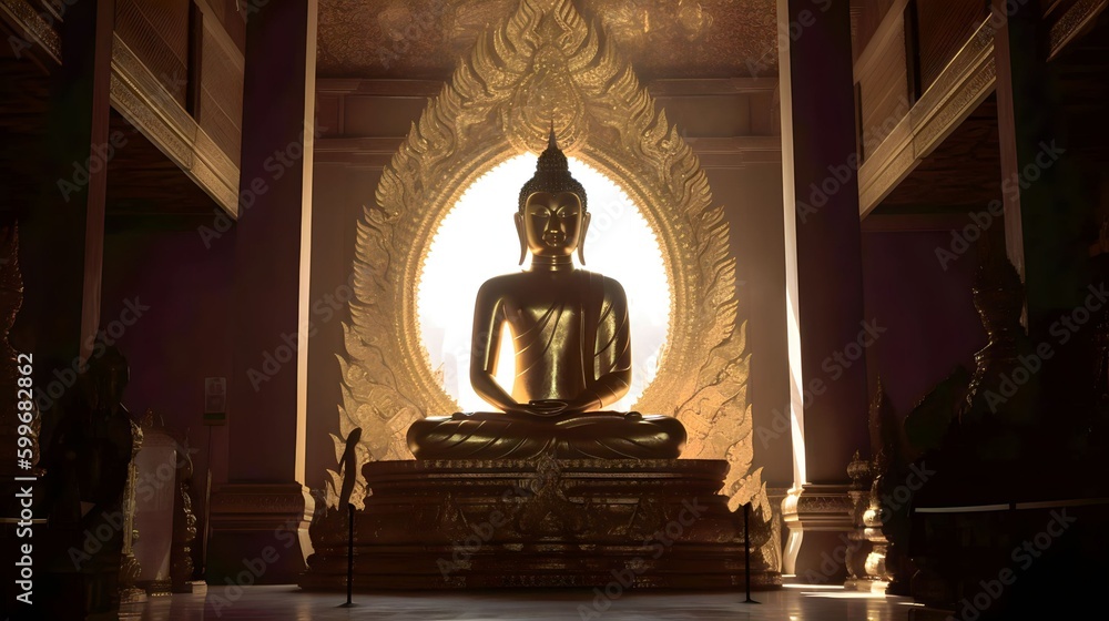 golden buddha statue in the temple, Generative AI