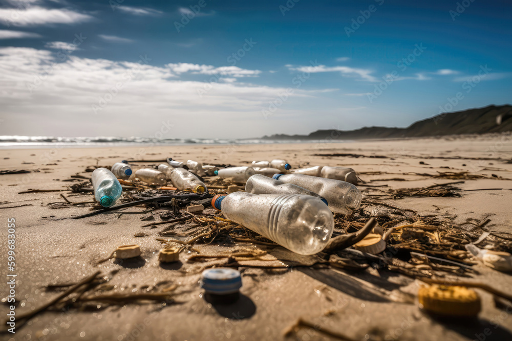Dirty Plastic Bottles And Cans Littering Beach. Generative AI