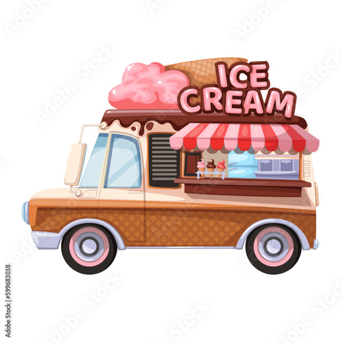 Ice cream truck vector illustration. Cartoon isolated beach or city park car van, cute mobile candy shop to sell summer sweet dessert for kids, side view of retro machine with ice cream cone on top