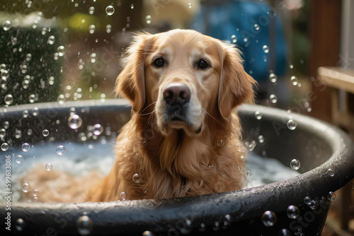 Golden Retriever Soaking In Bubblefilled Tub. Generative AI photo