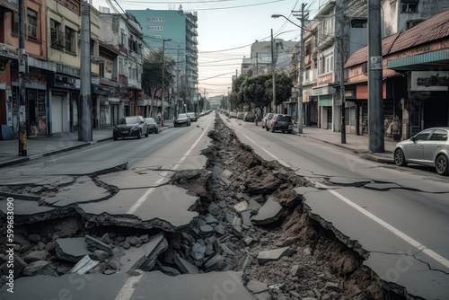 Earthquake With Buildings And Roads Damaged. Generative AI photo