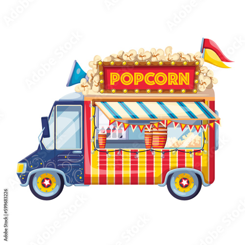 Popcorn truck vector illustration. Cartoon isolated street fast food machine with Popcorn sign and flags, awning over window, vending stall and wheels, side view of mobile shop kiosk in van car