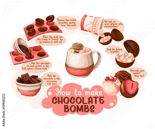 How to make cocoa bombs from chocolate and marshmallows, infographic recipe book vector illustration. Cartoon sweet dessert preparation steps, cooking breakfast drink with chocolate ball and candy