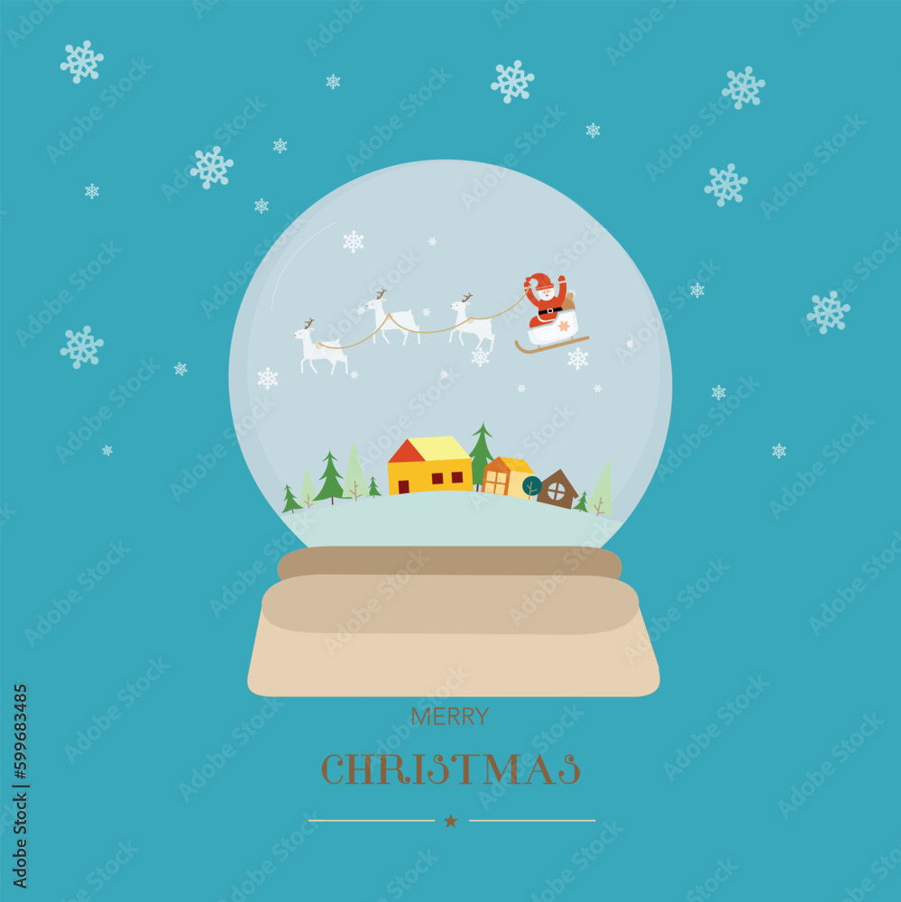 Naklejka premium Merry christmas glass ball with Santa sleigh flying over village. Vector illustration