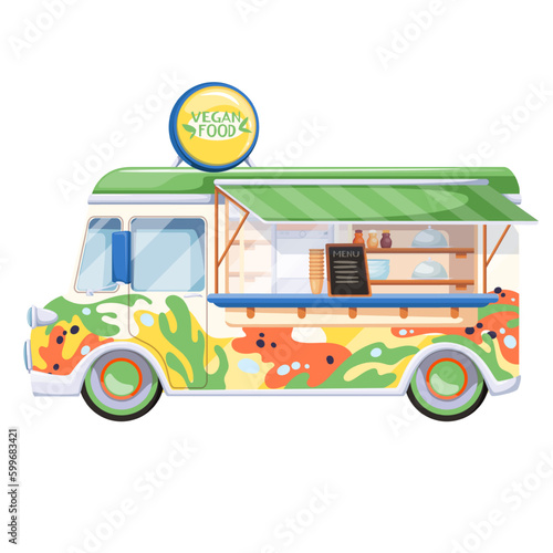 Vegan food truck vector illustration. Cartoon isolated mobile shop with stall, sign and wheels for cooking and delivery fresh organic streetfood for vegan diet, side view of colorful bus of eatery