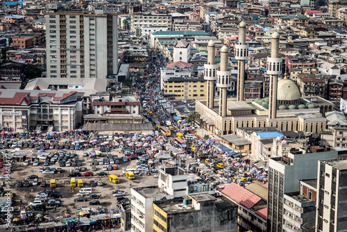 extreme wide angle, panorama aerial shot of the highly populated Lagos island, Nigeria