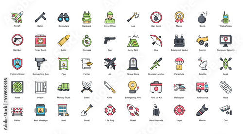 War Military Line Color Iconset Aircraft Army Filled Outline Icon Bundle 