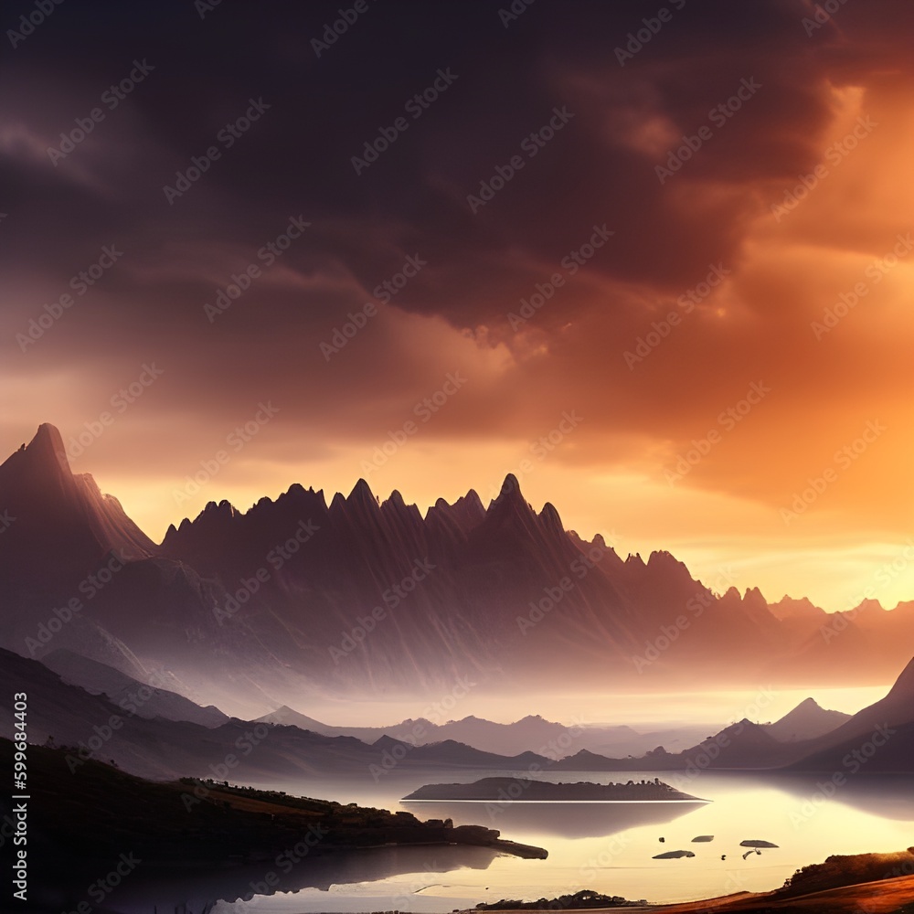 photorealistic mountain sunset with forest and river photorealistic mountain sunset with forest and river