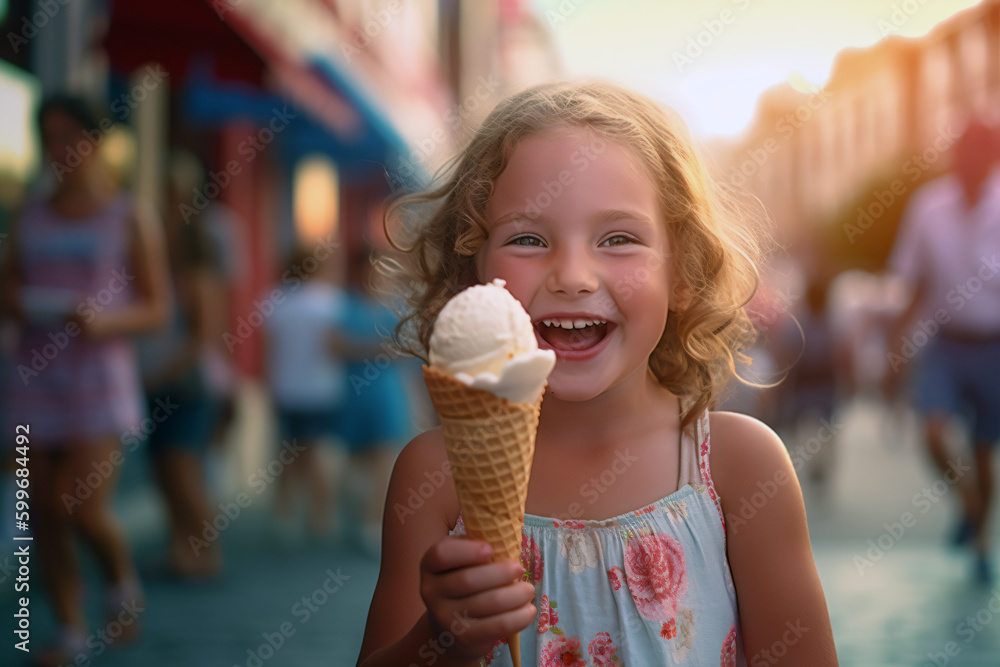 Little girl enjooying delicious cone ice cream in summer on the road. Generative AI. Little girl enjooying delicious cone ice cream in summer on the road. Generative AI.