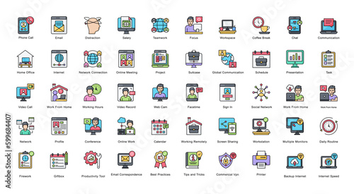 Remote Work Line Color Iconset Home Office Filled Outline Icon Bundle