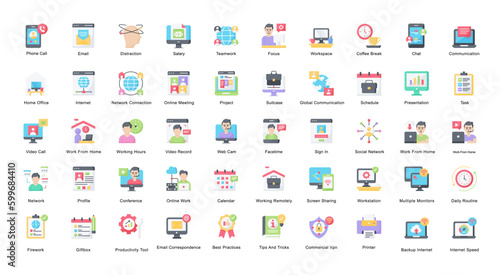 Remote Work Flat Iconset Home Office Color Icon Bundle