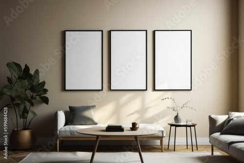 Modern living room interior with three vertical posters on the wall. Mock up, Generative Ai