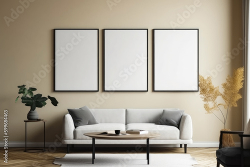 Living room interior with two vertical posters on the wall. Frame mockup in cozy living room interior  Generative Ai