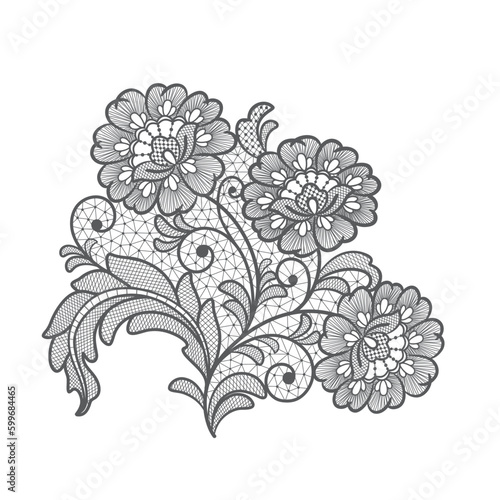 Lace flowers decoration element. Vector black lace flowers.
