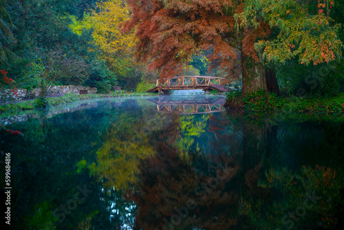 Wooden bridge over the autumn river. River bridge in autumn forest. Autumn forest wooden bridge. Bridge over autumn river. Autumn forest bridge way in scenery fall woods. Romantic view image scene