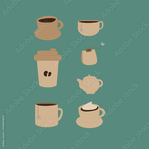 Hot Coffee Cup with Sugar on Cafe Background - Vector Illustration