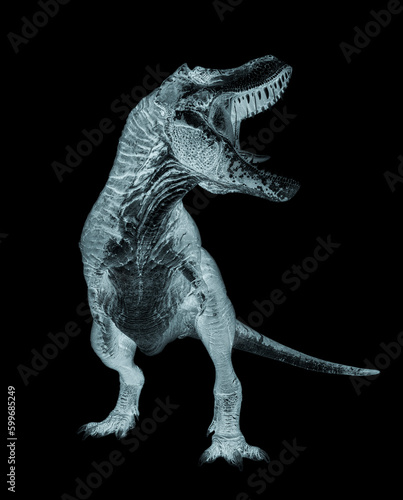 tyrannosaurus rex in action with a mouth wide open in white background