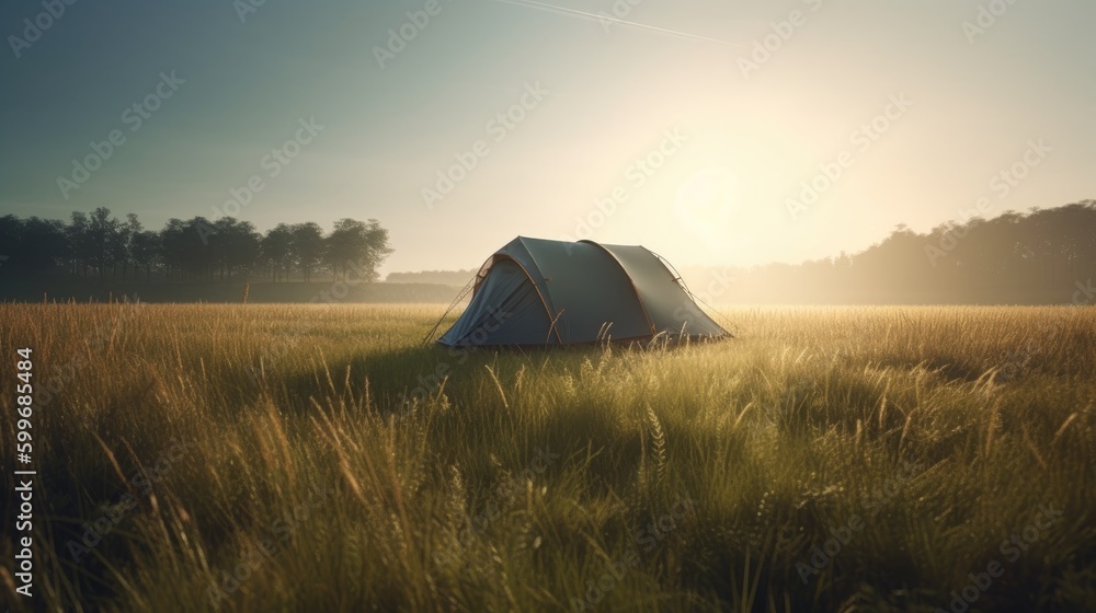 Camping tents in a field at sunset. camping concept. Eco tourism. Generative AI